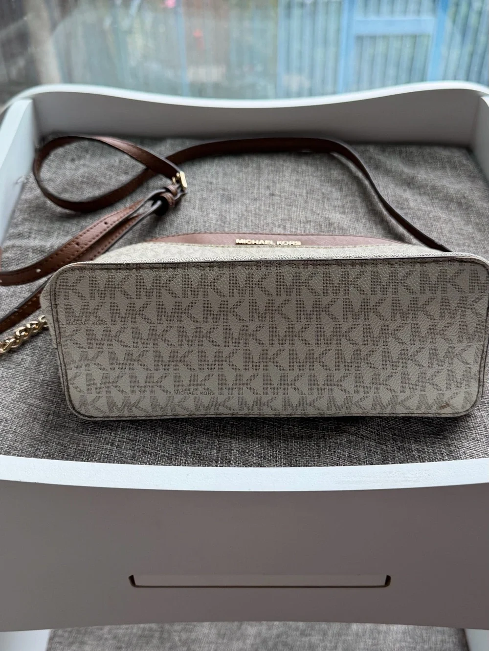 Michael Kors Beige MK Signature Crossbody with Brown Trim